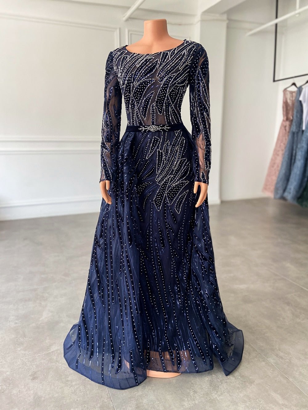 Long Sleeve Women Navy Blue Formal Evening Party Gowns With Train - LiveTrendsX