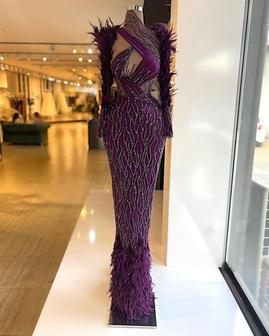 Long Sleeves Feathers Sequins Sparkly Women Long Elegant Evening Pageant Gowns - LiveTrendsX