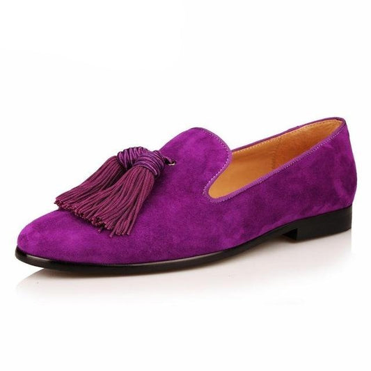 Men Handmade Shoes Purple Suede Loafers Tassels - LiveTrendsX