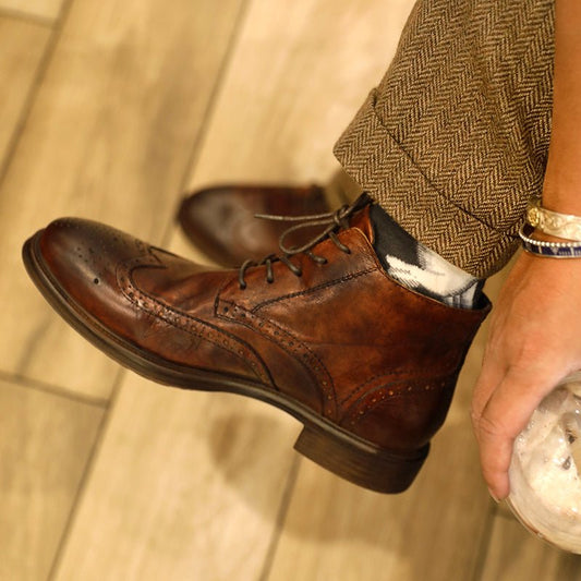 Men's brogue high top casual leather shoes carved martin boots - LiveTrendsX