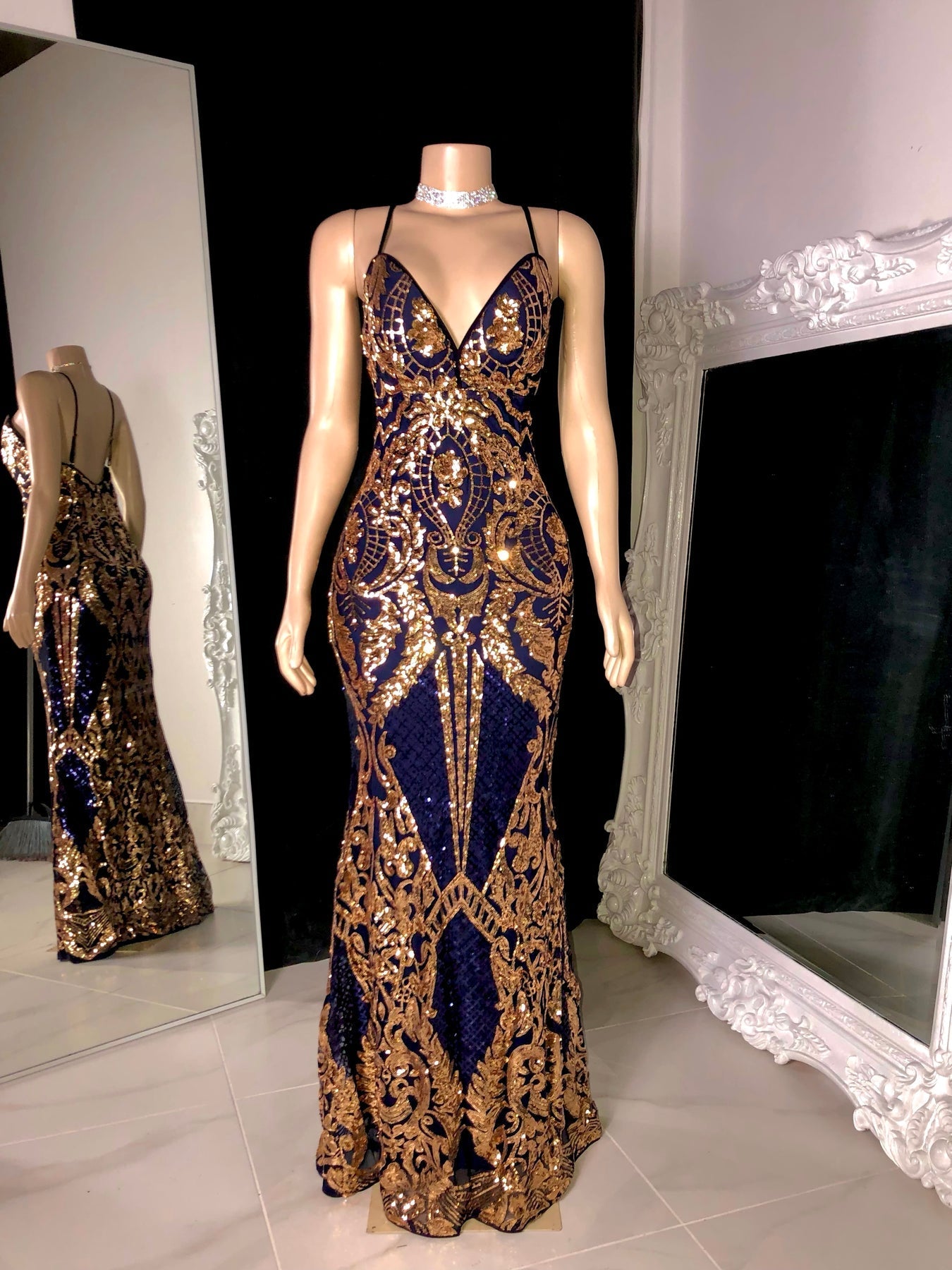 Mermaid Style Elegant Fitted Blue and Gold Prom Gala Gowns - LiveTrendsX