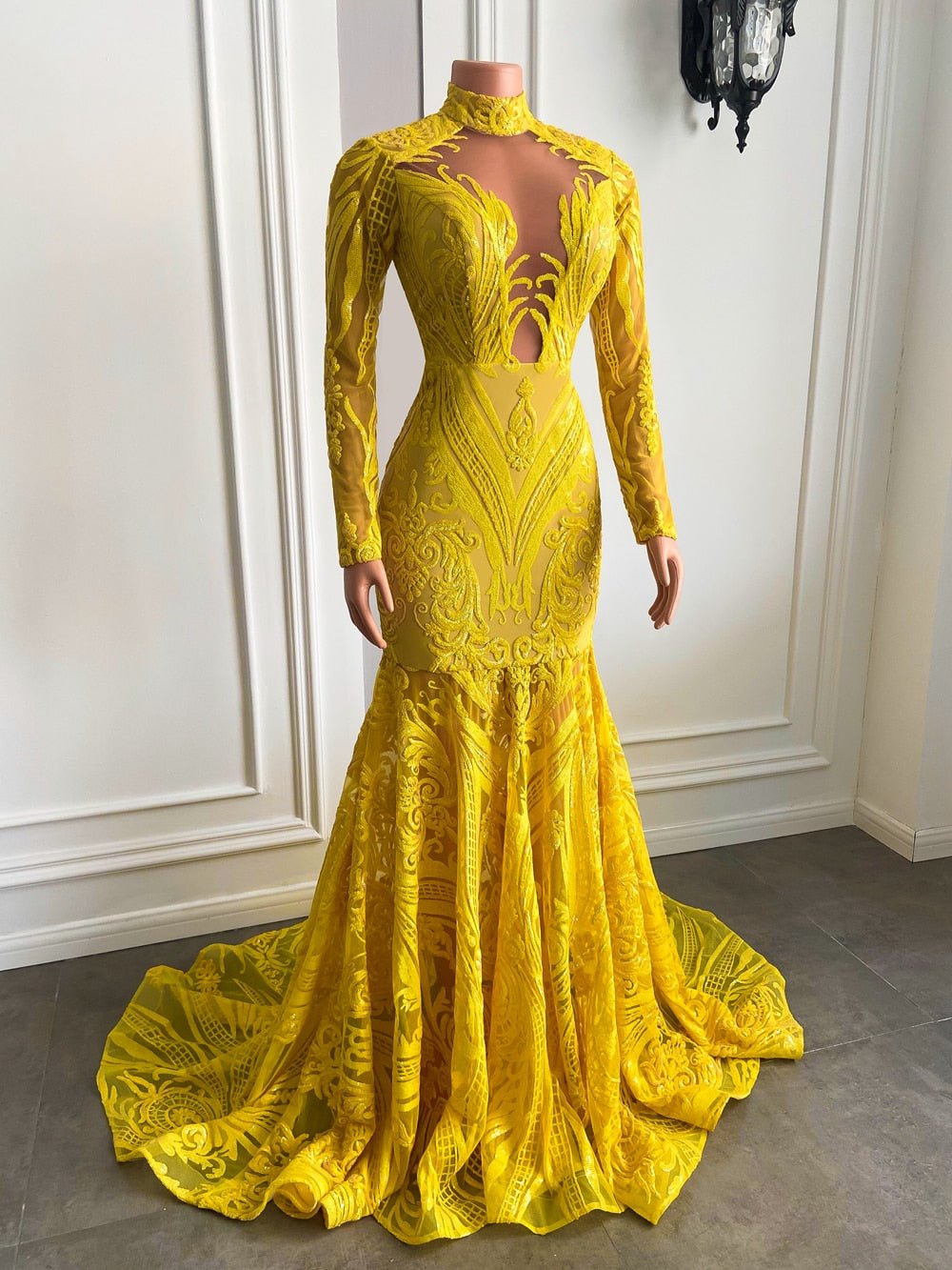 Mermaid Style Long Sleeve High Neck Yellow Sequin Long Prom Dresses - LiveTrendsX