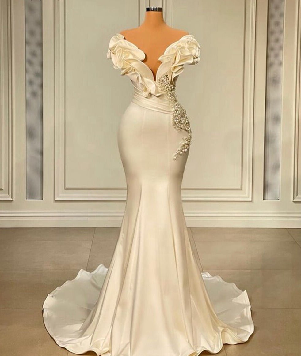 Mermaid V - neck Beaded White Satin Women Formal Evening Gowns - LiveTrendsX