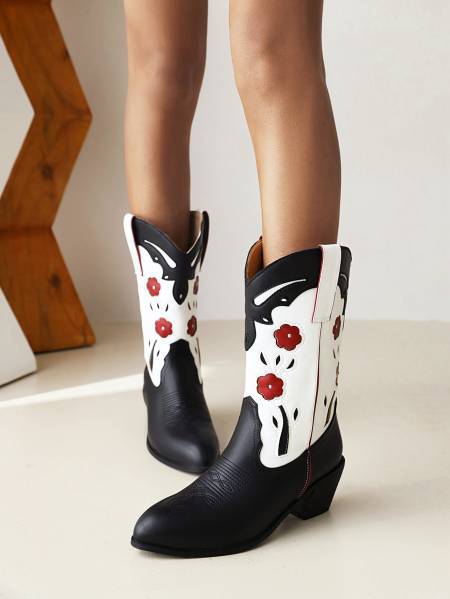 Mid Calf Boots Sewing Floral Patchwork Boots For Women 2022 - LiveTrendsX
