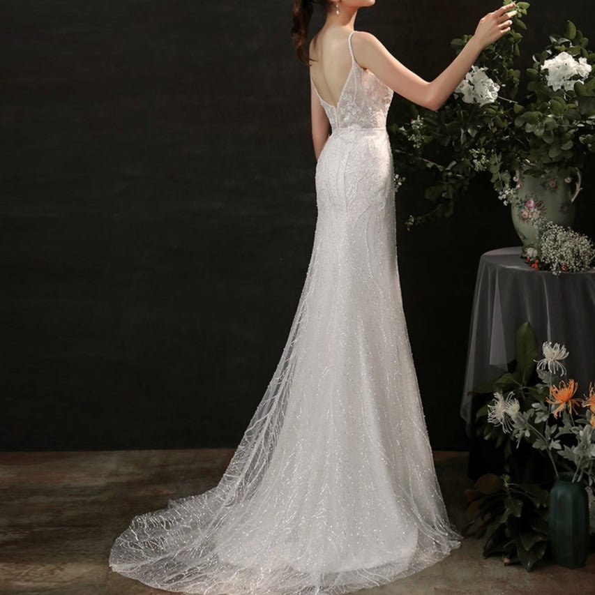 Minimalist beaded lace suspenders small tail open back light wedding dress - LiveTrendsX