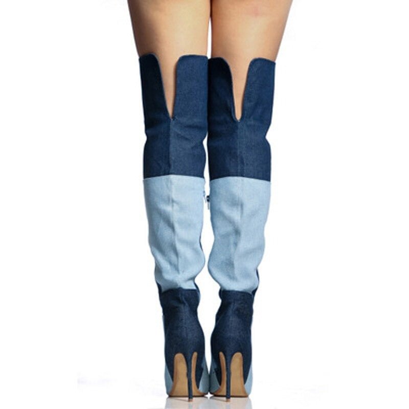 Mixed Color Women Over The Knee Denim Boots High Heels Party Shoes - LiveTrendsX