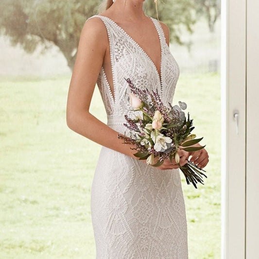 Neck Lace Backless Small Trailing White Wedding Dress - LiveTrendsX