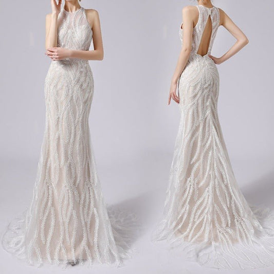 New hanging neck waist fishtail slim lace wedding dress - LiveTrendsX