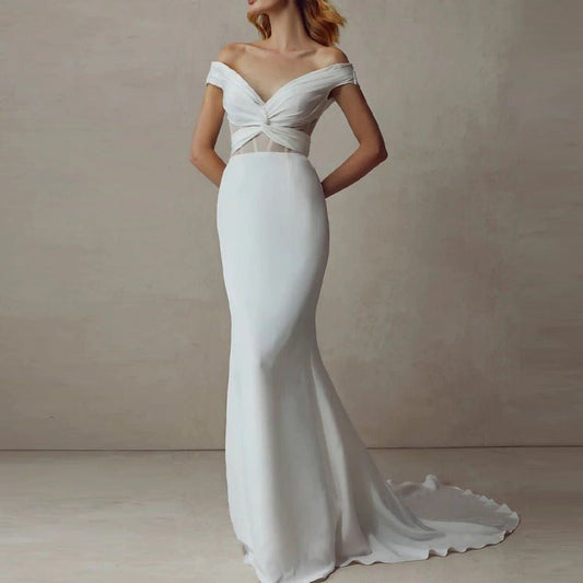 Off shoulder vintage white plain satin open - back small trailing wedding dress - LiveTrendsX