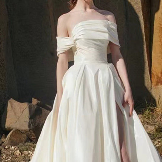 One - shoulder high - length long tail wedding dress - LiveTrendsX
