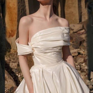 One - shoulder high - length long tail wedding dress - LiveTrendsX