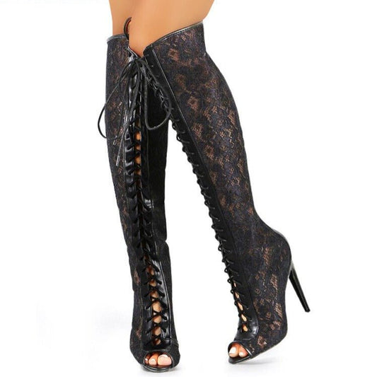 Open Toe Cross - tied Sandals Boots Lace Up High Heel Shoes - LiveTrendsX