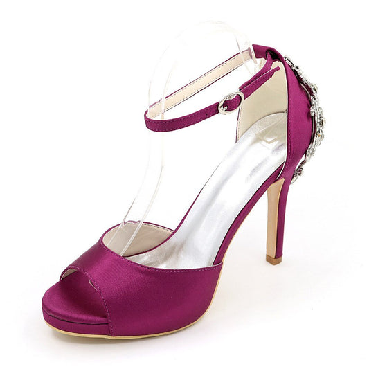 Open toe platform satin dress shoes ankle strap crystals heels - LiveTrendsX