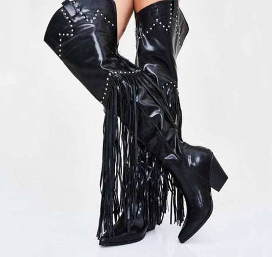 Over Knee Boots Women Pointed Toe Wedges Cowboy Boots - LiveTrendsX