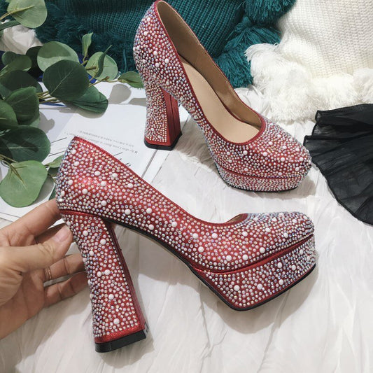 Pearl Rhinestone Round Toe BlingBling Pumps - LiveTrendsX