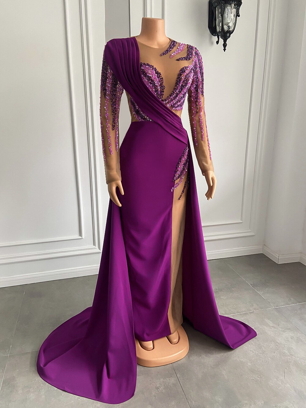 Pearls Dubai Women Purple Satin Sheer Formal Evening Gowns - LiveTrendsX