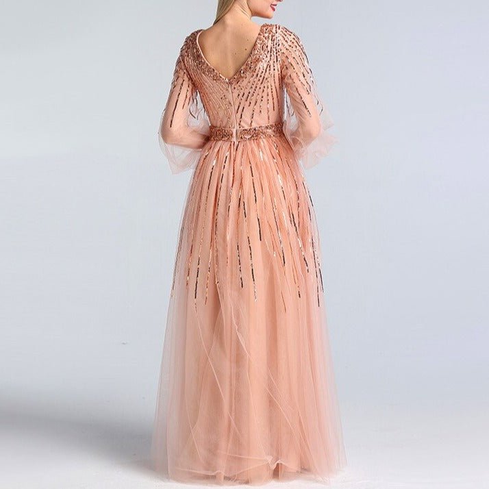 Pink V - Neck Evening Dresses Sequined Long Sleeves - LiveTrendsX