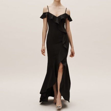 Plain satin ruffled burgundy dress with split legs - LiveTrendsX