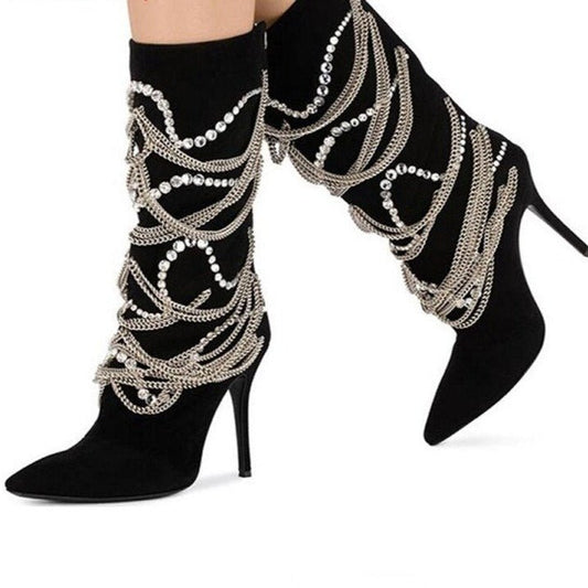 Pointed Toe Mid Calf Boots Back Zipper High Heels Shoes - LiveTrendsX