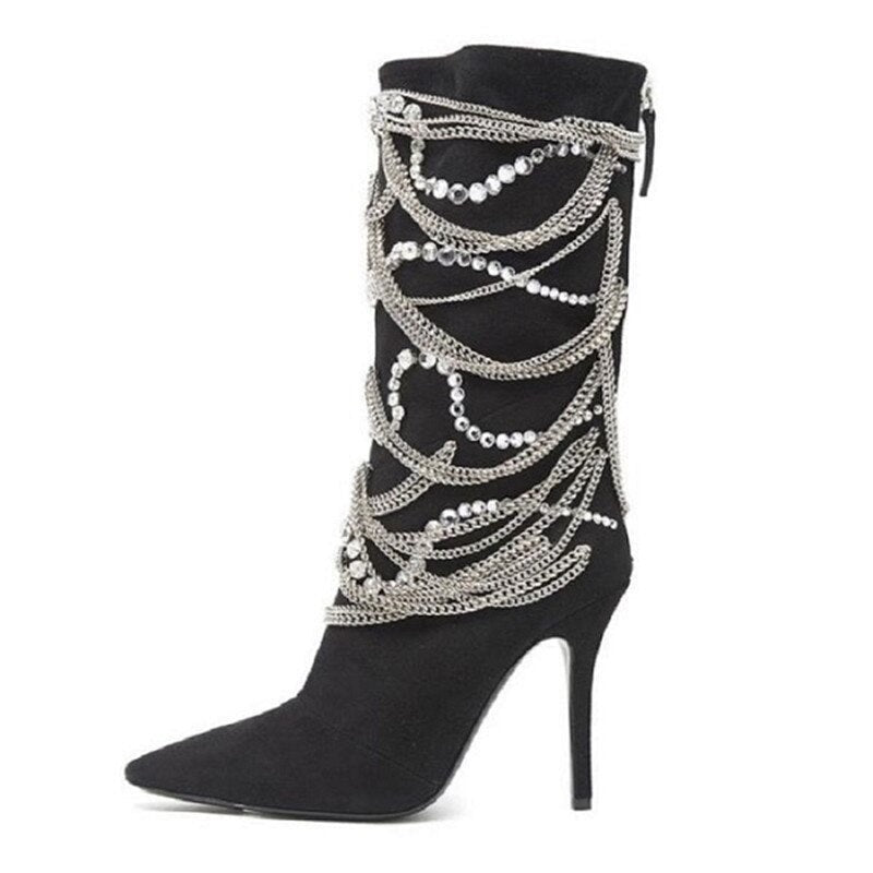 Pointed Toe Mid Calf Boots Back Zipper High Heels Shoes - LiveTrendsX