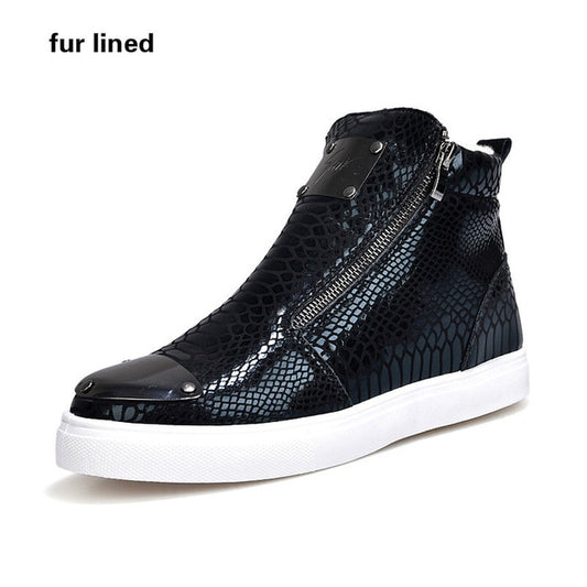 Winter Shoes Men Fashion Bling High Top Zipper Men Sneakers Height Increasing PU Leather Fur Lined Cotton Men Shoes Size 39-44 - LiveTrendsX
