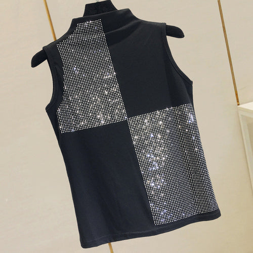 Summer Sleveless T-shirt Lady Slim Semi-high Collar Hot Drill Basic Shirts Female Personality Tops Girlall-match Black Shirts - LiveTrendsX