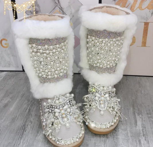 Heavy work rabbit fur leather snow boots Inner increase sweet pearl rhinestones handmade high thick cotton boots - LiveTrendsX