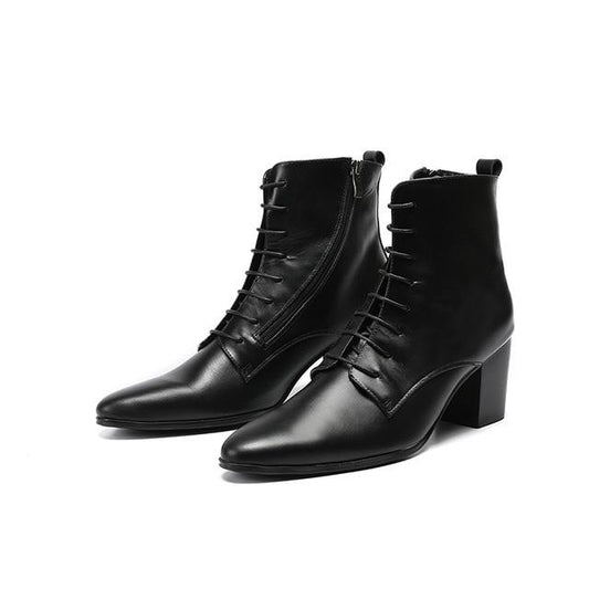 Black Soft Leather Ankle Boots Thick Heels Men Shoes Cowboy Boots Men High Heels 6.8cm Zapatos Hombre Lace Up Man Boots 46 - LiveTrendsX