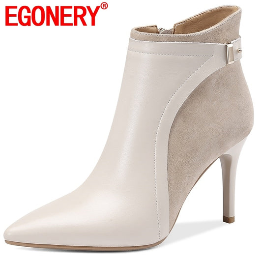 Cow Leather Booties fashion party sexy Flock ankle boots black beige Metal Decoration winter 8.5cm High heels shoes - LiveTrendsX