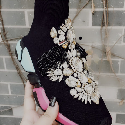 Crystals Sock Sneakers Boots Sport Female Flat Polyester Spandex Ankle Length Rhinestones Sock Sneakers Casual Shoes - LiveTrendsX