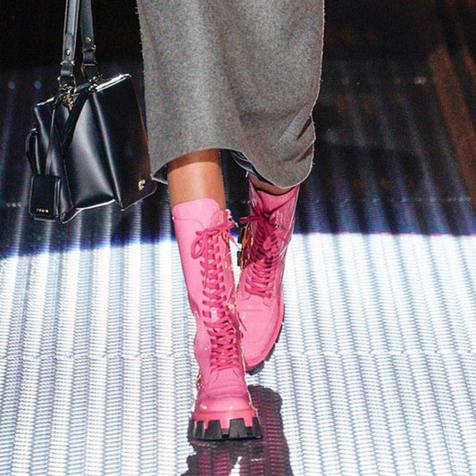 Red Pink Patent Leather Lady Rubber Boots Flat Platform Thick Sole - LiveTrendsX