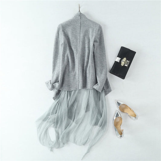 High-end Coat Women 100% Wool Patchwork 100% Silk Pattern Ruffled Collar Long Sleeves Pleated Elegant Style - LiveTrendsX