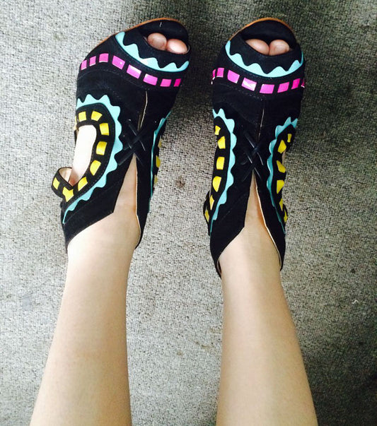 Hot Beading Spliced Heels Sandals Geometry Suede Patchwork Multi Beads Slingback Lace Up Sandals Peep Toe Stage Show Shoes - LiveTrendsX