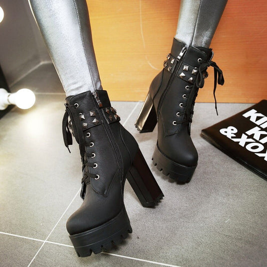 女性用プラットフォームパンクヒールモーターサイクルブーツ