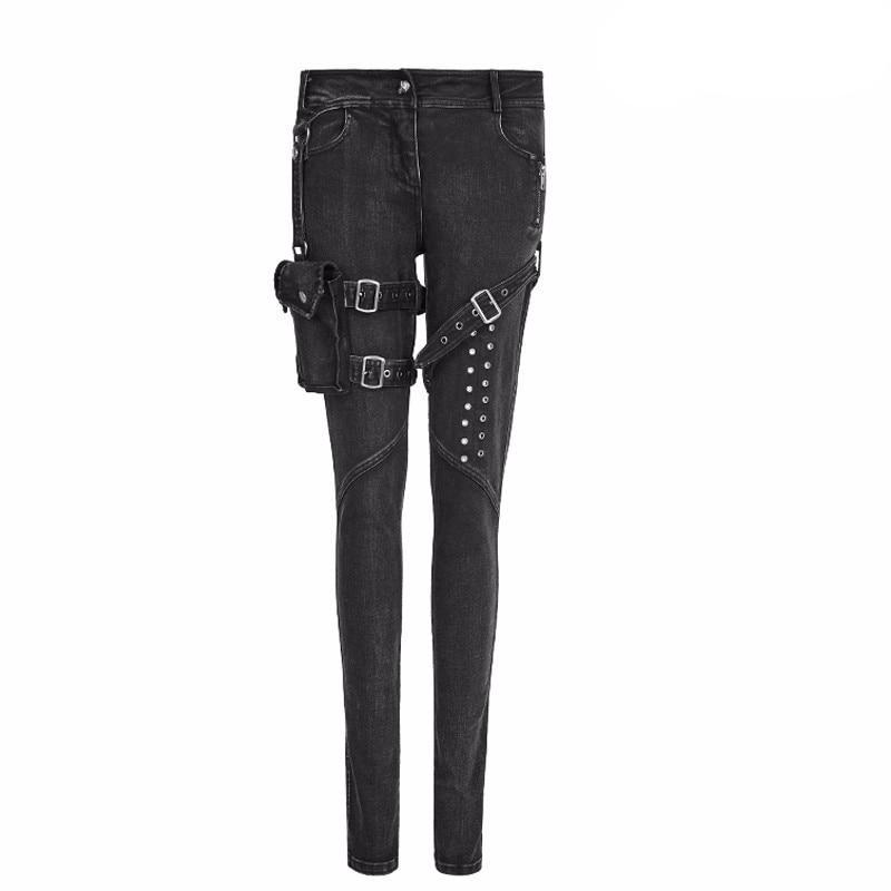 Fashion Women Punk High Waist Full length Pencil skinny Jeans Gothic bag belt decoration cowboy black pants PUNK RAVE K-295 - LiveTrendsX