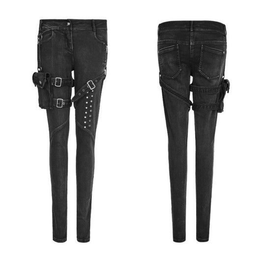 Fashion Women Punk High Waist Full length Pencil skinny Jeans Gothic bag belt decoration cowboy black pants PUNK RAVE K-295 - LiveTrendsX