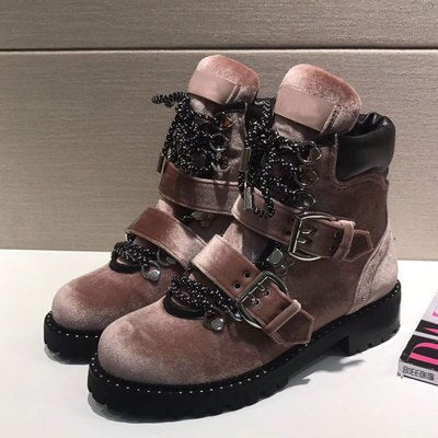 New winter British style leather warm Martin boots fashion retro round head belt buckle thick with women's boots good quality. - LiveTrendsX