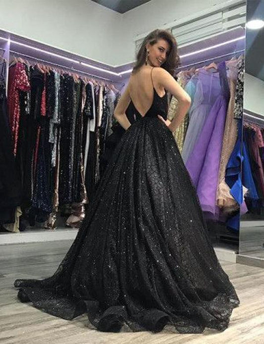 Evening Dress 2020 Sequins V-Neck Elegant Long Formal Dress Spaghetti Straps Side Slit - LiveTrendsX