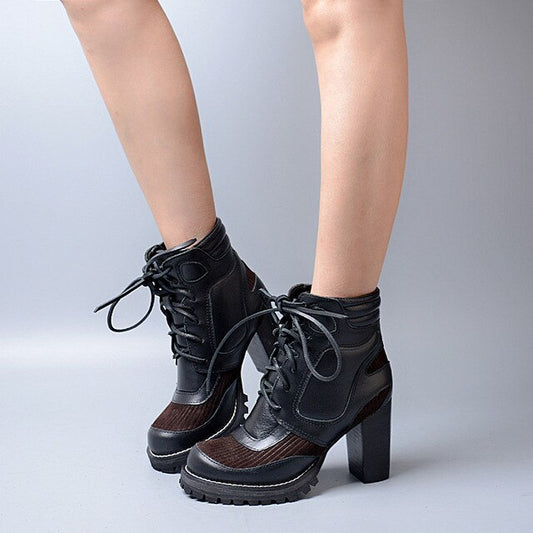 Retro Womens Platform Block Heels Boots Round Toe Lace Up Genuine Cow Leather High Heels Ankle Shoes Femme Runway Winter Booties - LiveTrendsX
