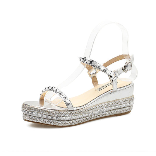 Summer Casual Glitter Wedge 6cm High Heel Sandals Bling Studded Sandals Open Toe Silver Gold Heels Bling Platform Rivets Sandals - LiveTrendsX