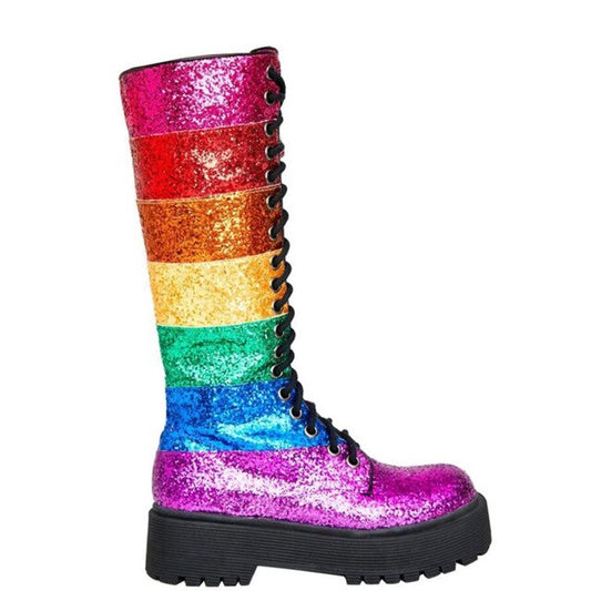 New Rainbow Color Platform Women Shoes Woman Thick Sole Cross-Tied Mid-Calf Boots Autumn Bling Bling Sequin Botas Mujer - LiveTrendsX