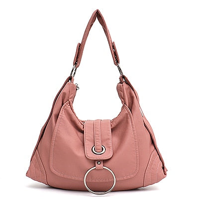 Fashion Vegan Leather Large Hobo Bag Women Washed PU Shoulder Bag Metal Ring Flap Ladies Brand Design Tote Female Handbag - LiveTrendsX