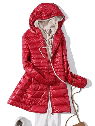 7XL Winter Woman Padded Hooded Long Jacket White Duck Down Female Overcoat Ultra Light Slim Solid Jackets Coat Portable Parkas - LiveTrendsX