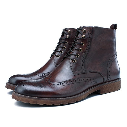 Round Toe Men's Natural Genuine Leather Brogue Ankle Boots - LiveTrendsX