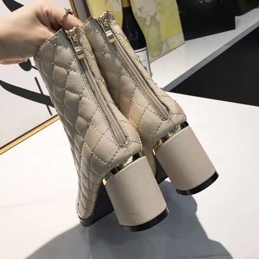 Women Ankle Boots Pointed Toe High Heels Zipper Square Heel Ladies F Short Boots - LiveTrendsX