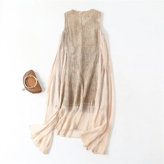 High-end Silk Dress Women Fabric 100% Silk Patchwork 100% Ramie Appliques Solid O Collar 2 Colors - LiveTrendsX