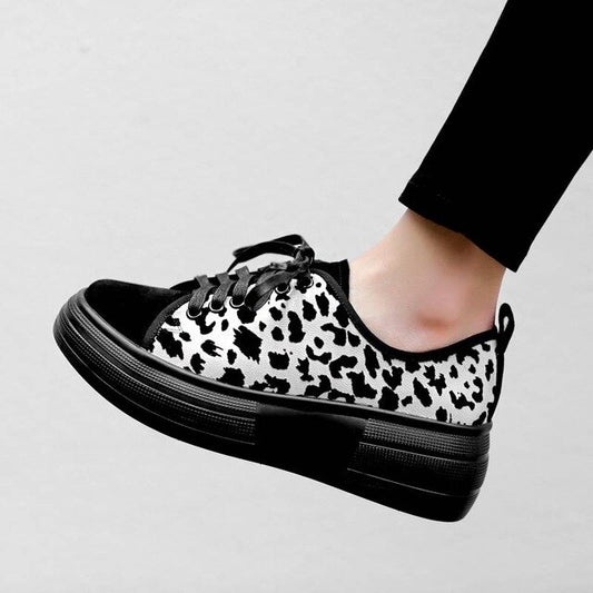 vintage leopard natural leather round toe thick bottom platform sneakers lace up large size vulcanized shoes - LiveTrendsX