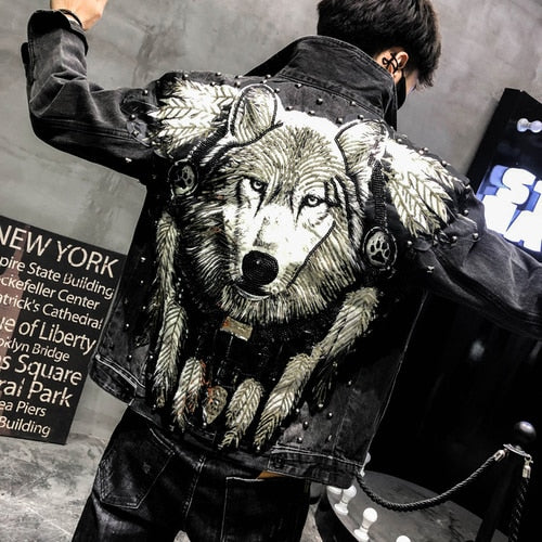 New Punk Style Novel Wolf Embroidered Rivet Jean Jacket Men Denim Jackets Streetwear Slim Black Jacket for Men - LiveTrendsX