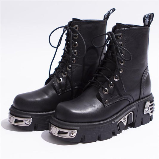 6CM Punk Style Platform Women Ankle Boots Women's Motorcycle Boot Fashion Ladies Chunky Shoes Metal Decor Black - LiveTrendsX