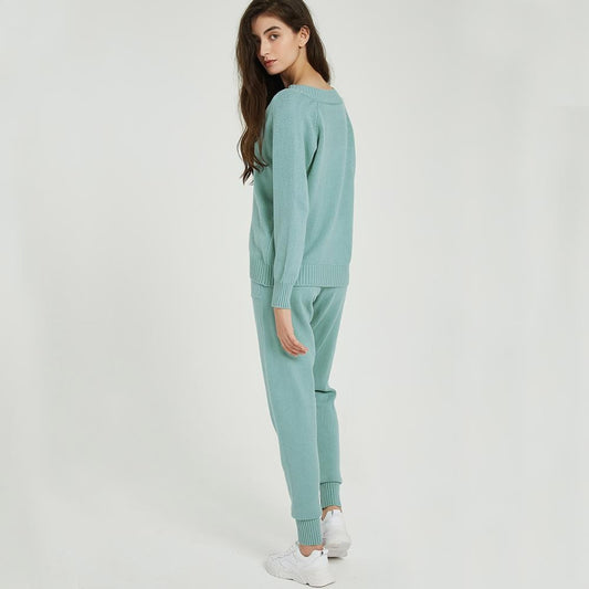 Sweater Suit and Sets Casual V Neck Sweaters Tops+Pockets Long Pants Solid Two Pieces Sets 2019 Autumn Winter - LiveTrendsX